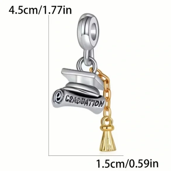 Silver & Gold Graduation Cap and Scroll Dangle Charm - Picture 2 of 6